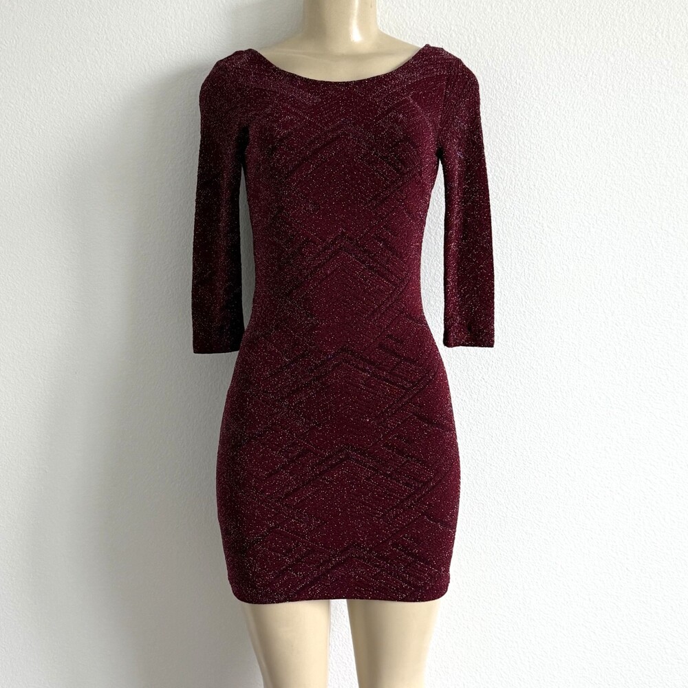 Trixxi Burgundy Glitter Knit Bodycon Dress Open Back Mini Romantic Gothic Party